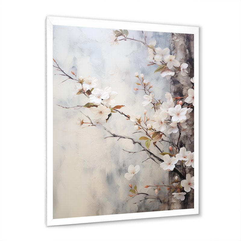 Minimalisme blanc et gris cerisier en fleurs I sur toile, Cadre simple blanc, H 32 po x l 16 po x P 1 po