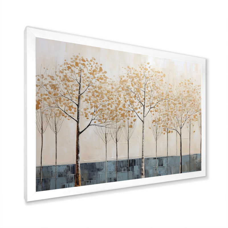 Minimalisme, scène d'arbres bleus et or I sur toile, H 34 po x l 44 po x P 1,5 po, Cadre simple blanc