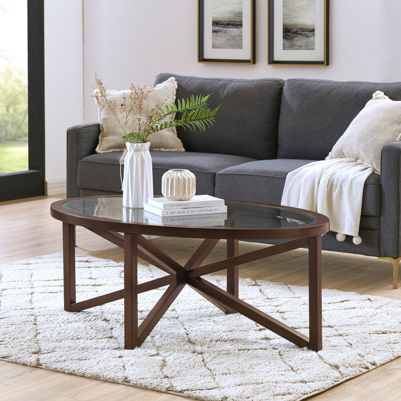 Table basse ronde en verre trempé avec base en bois massif pour le salon ou le bureau | Idée de cadeau