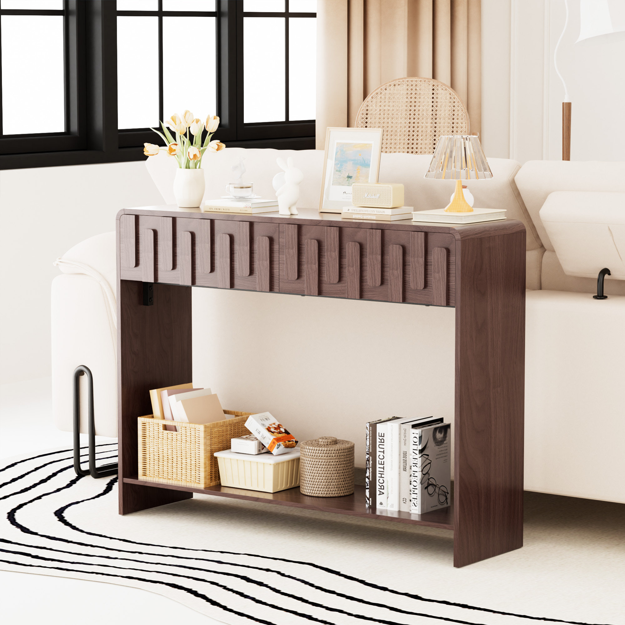 17 Stories Modern Entryway Console Table with Two Fluted Drawers & Open ...