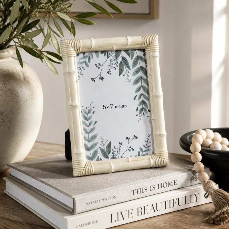 5X7 Bamboo Picture Frame, Textured Resin Photo Frame With Glass Front, For Tabletop Or Wall Display, White, 5'' W x 7'' H