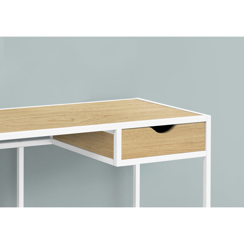Bureau d'ordinateur, bureau personnel, ordinateur portable, tiroir de rangement, L 42 po, travail, stratifié naturel, métal blanc, contemporain, moderne