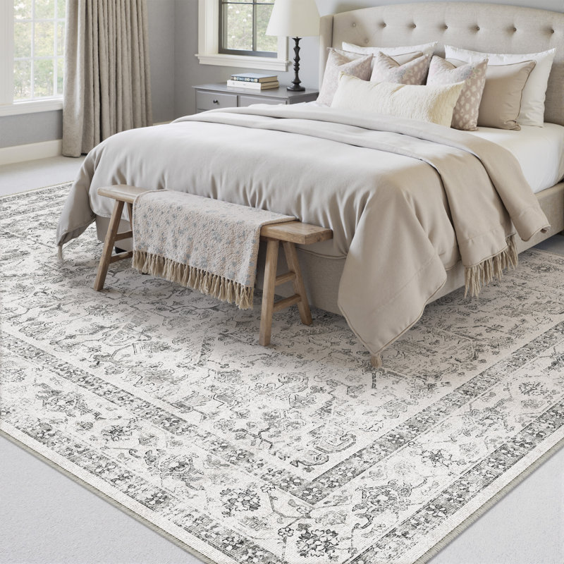 Stella Vintage Style Machine Washable Grey Area Rug With Non-Slip Backing, Rectangle 8' x 10'