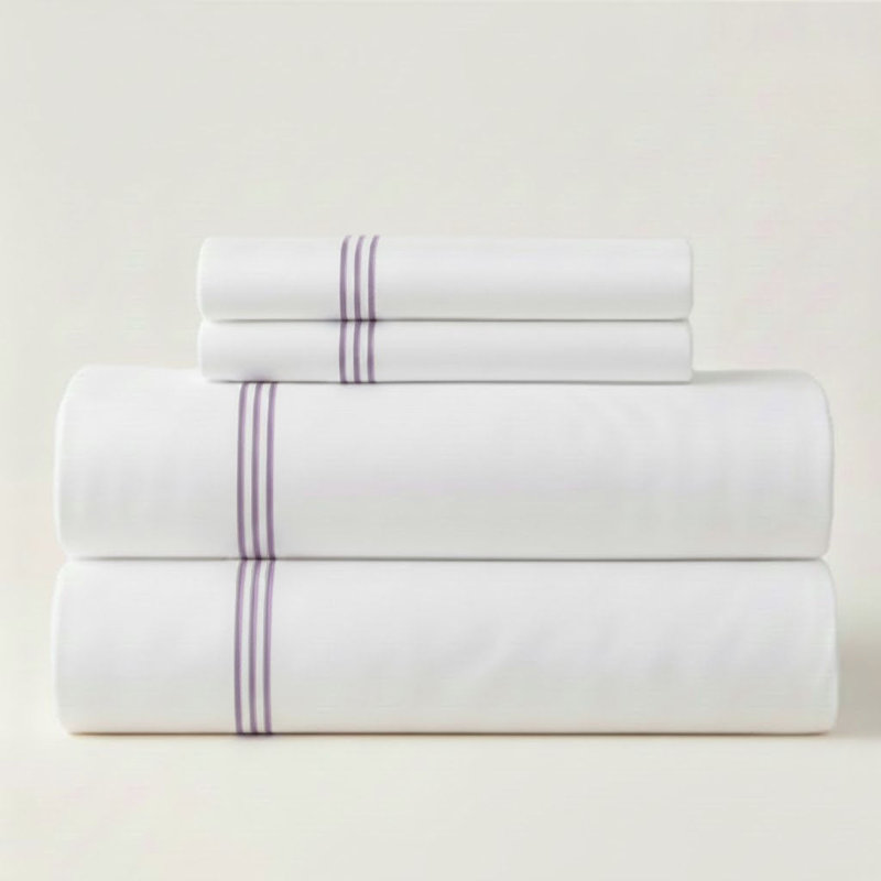 500TC Cotton Triple Embroidery Sateen Solid Cotton 4 Piece Sheet Set Fitted Sheet Fits Upto 16" Deep Pocket, Lilac Border