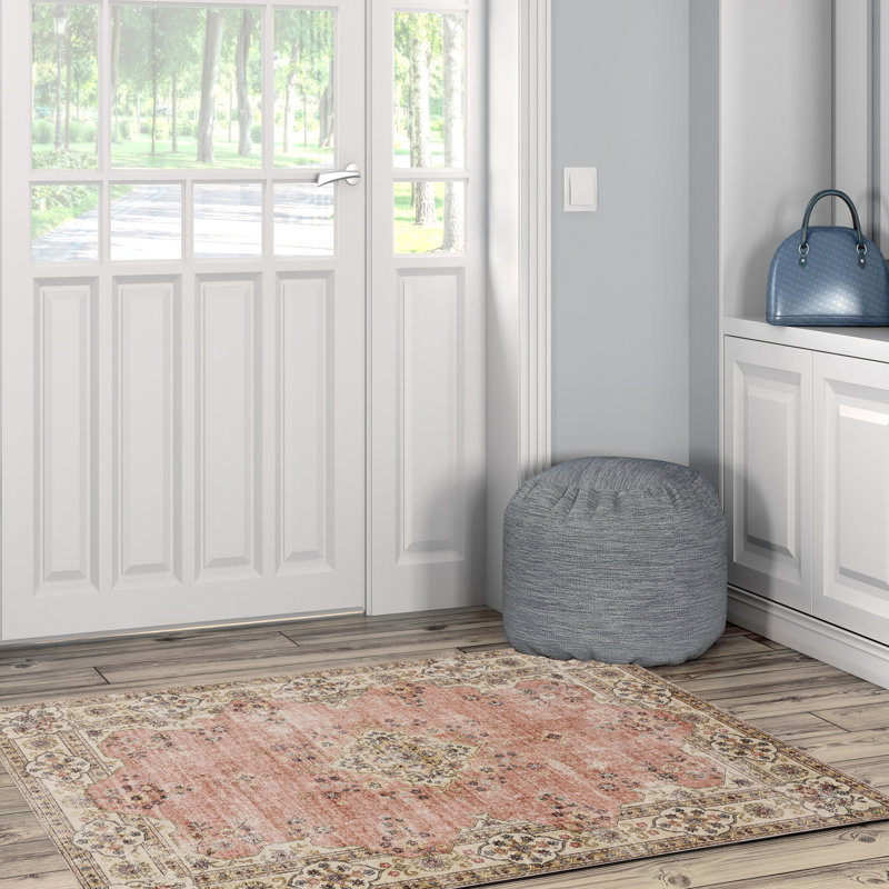 Delacroy Machine Washable Pink and Ivory Area Rug, Rectangle 3' x 5'