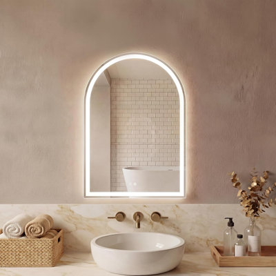 Miroir de salle de bain arqué à DEL 20 po x 28 po - Miroir de courtoisie éclairé, rétroéclairage avant et arrière, intensité variable, 3 températures de couleur