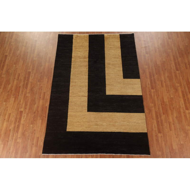 Tapis noir en laine noué à la main de conception unique 6 pi 8 po x 10 pi Bacall, L 80 po x L 120 po