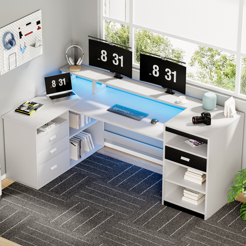 White Computer Desk With Drawers, 61.02'' Home Office Desk With Storage Shelves And File Drawer, L Shaped Gaming Desk Withmonitor Shelf And LED Lights