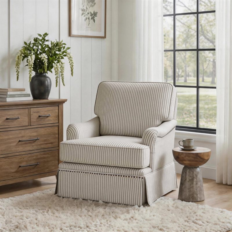 Upholstered Swivel Accent Chair with Skirted Design and Nailhead Trim, Pinstripe Coffee Chenille