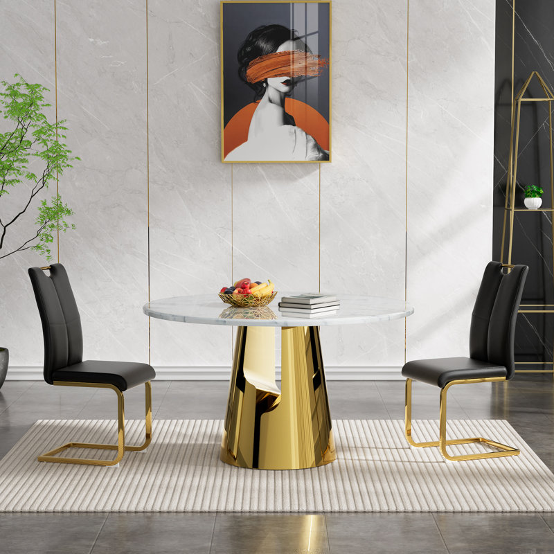 7 Piece Round Dining Table Set, 45" Round Marble Dining Table with 6 Dining Chairs, Modern Circle Kitchen Table Set with Hollow-Out Stainless Steel Base, Dining Room Table and Chairs Set