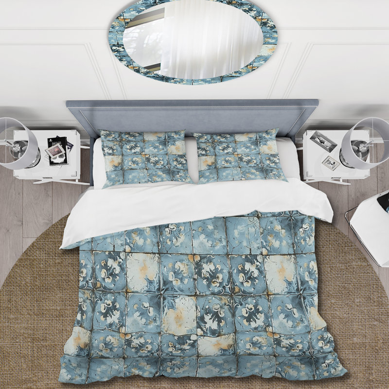 Blue Rustic Floral Tiles - Ensemble de housse de couette Farmhouse, Housse de couette simple + 2 taies décoratives st