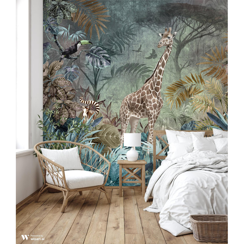 Murale de papier peint Enchanting Safari Giraffe And Lemurs, L 1320 po x l 122 po, Brun