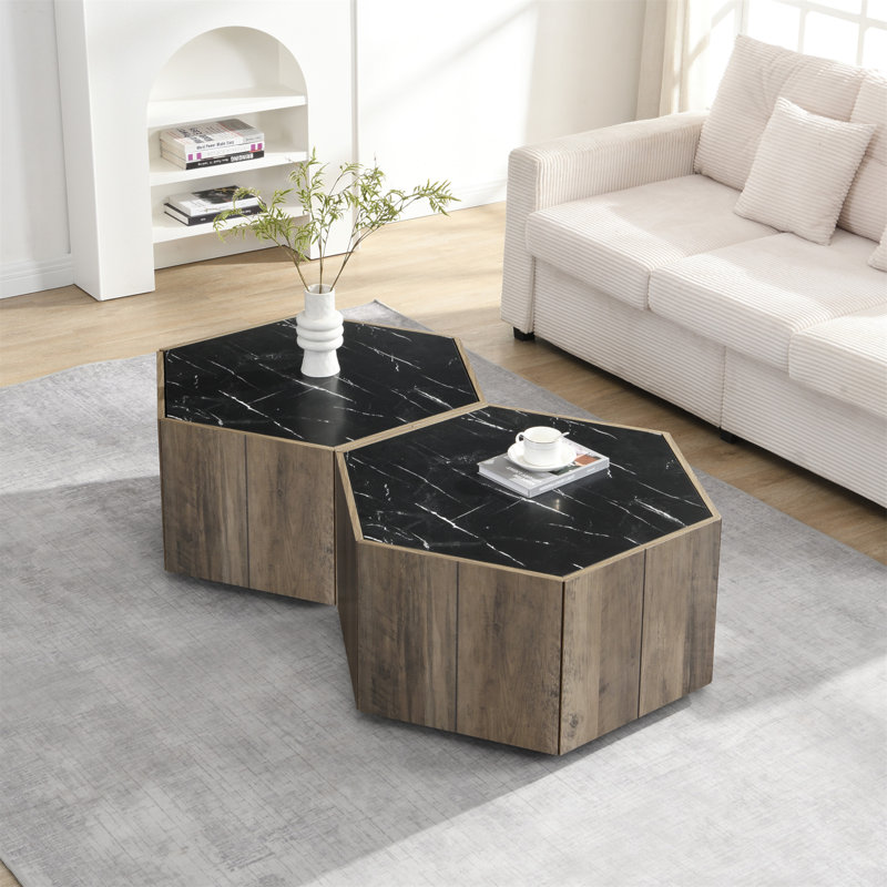 Table basse hexagonale rustique rétro en bois, avec 2 tiroirs cachés, dessus en marbre noir texturé, finition chêne brun clair - pour le salon et la réception