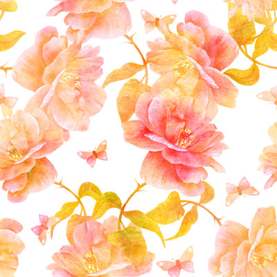 Brougham Seamless Pattern With Watercolour Roses And Butterflies by Plateresca - Wrapped Canvas Painting