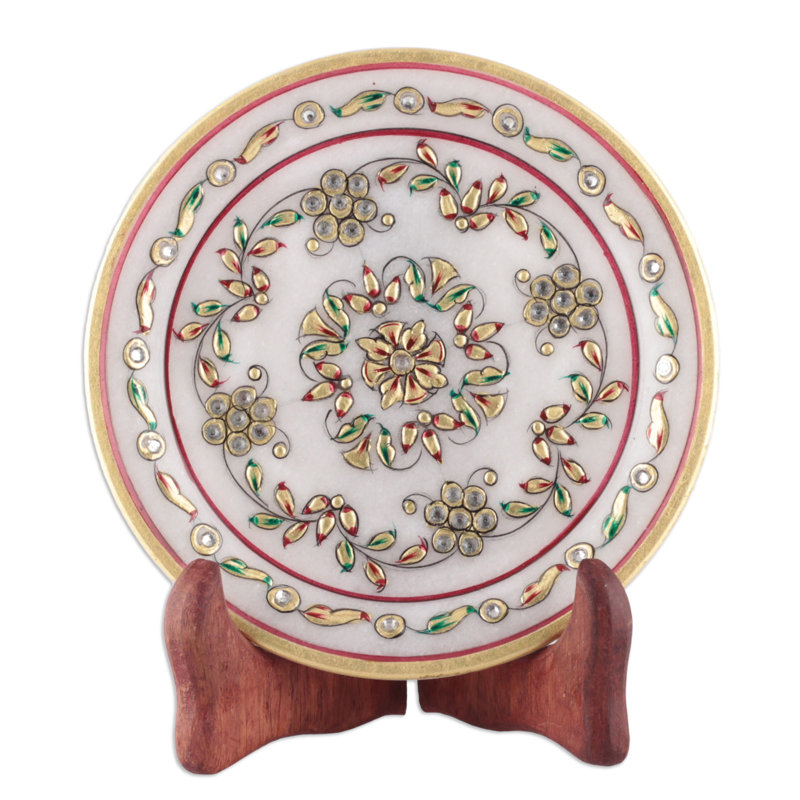 Handcrafted Floral Marble Decorative Plate with Mango Wood Stand
