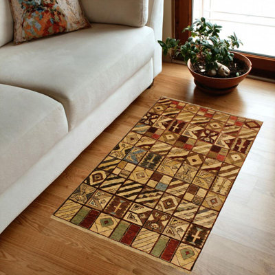 Tapis géométrique brun en laine noué à la main à motif géométrique 3 pi 11 po x 5 pi 7 po Southwestern