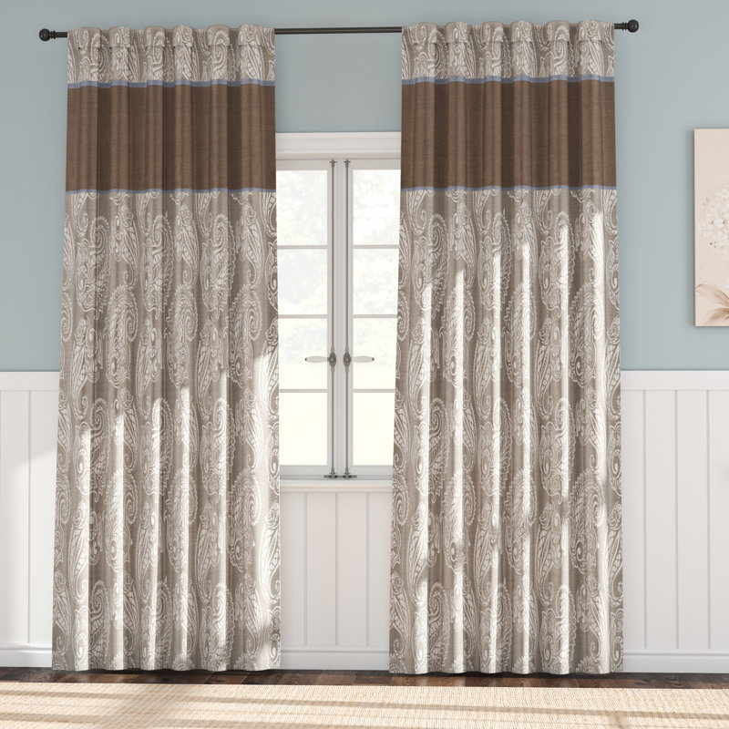 Extended Blue Faux Silk Jacquard Drapes with Trim
