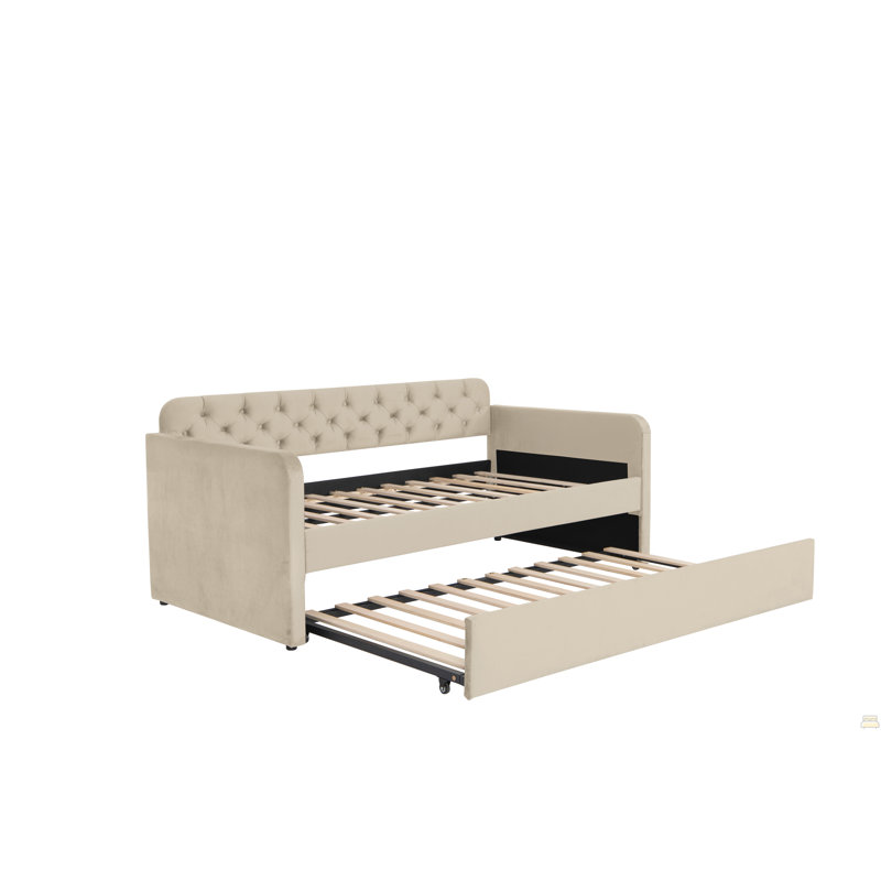 Twin Size Upholstered Daybed With Trundle And USB Charging Design, Velvet Upholstered Daybed Frame, Twin Sofa Bed