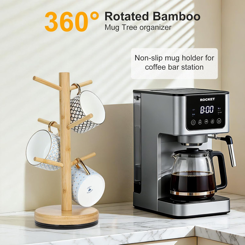 360° Rotated Mug Holder Tree With 6 Hooks, Upgraded Bamboo Mugs Holders For Counter, Non Slip Cup Stand Organizer For Coffee Bar