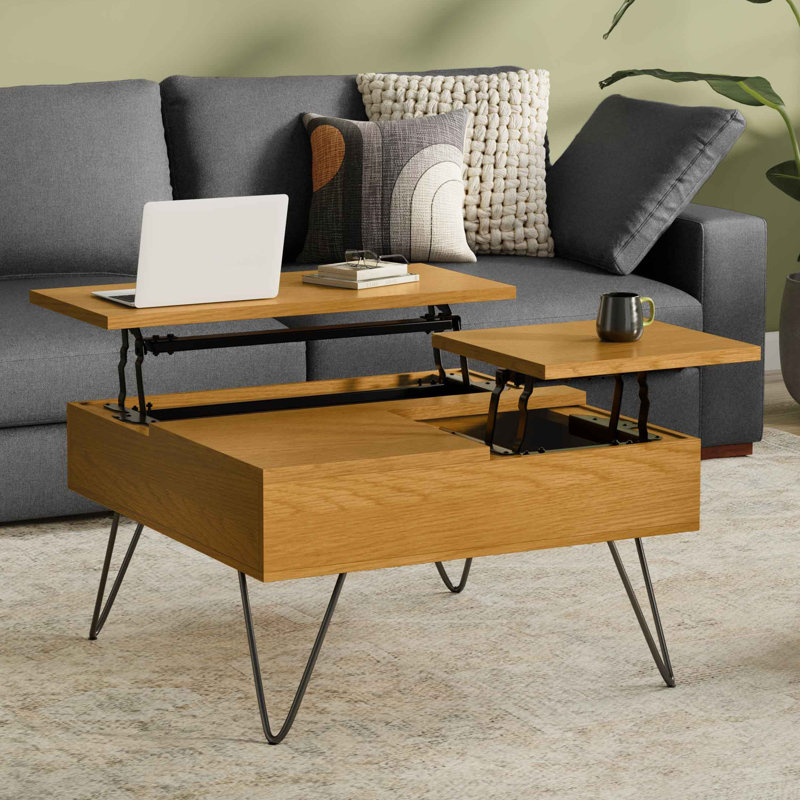 Hunter 32"W Solid Wood Industrial Square Lift Top Coffee Table with Hidden Storage and Metal  Hairpin Legs, Oak