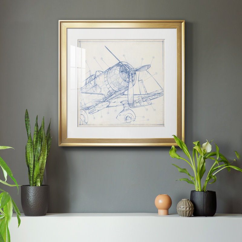 Croquis mécanique d'avion I-Premium, reproduction encadrée - prêt à être accroché, H 26,5 po x l 26,5 po x P 1,5 po, Blanc