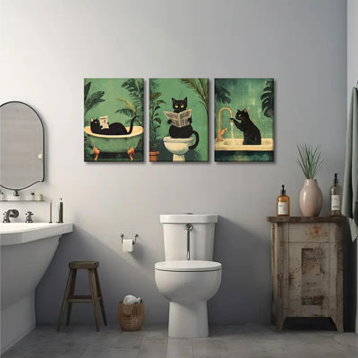 3Pcs Funny Bathroom Black Cat Canvas Wall Art Vintage Cat Wash Its Paws Reading Newspaper Posters Prints Modern Green Bathroom Decor Pictures Painting For Bathroom Toilet Artwork Decorations
