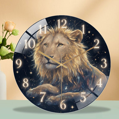 Clock Face Lion In Starry Sky Art - 12'' Modern Glass Wall Clock
