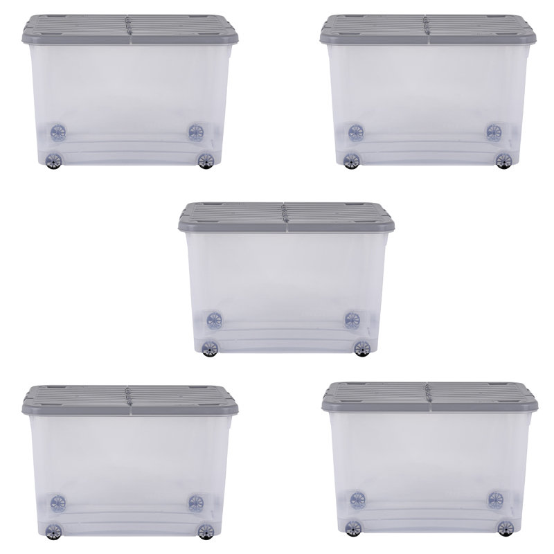 Wham 44L Box with Wheels & Folding Lid Pack of 5 Clear/Cool Grey