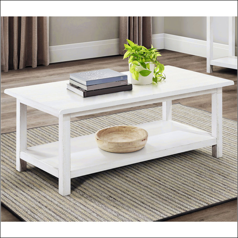 Castleton Distressed White Wood Coffee Table With Shelf