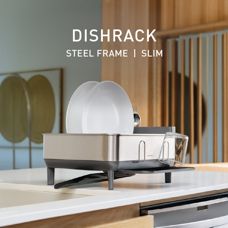 simplehuman Compact Kitchen Dish Drying Rack with Swivel Spout, Fingerprint-Proof Stainless Steel Frame, Brushed Steel/Gray