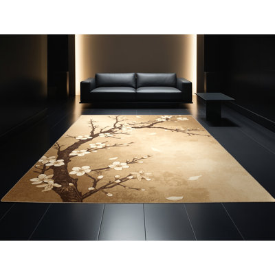 Tapis floral traditionnel cerisier en fleurs lavable à la machine - Reliure beige