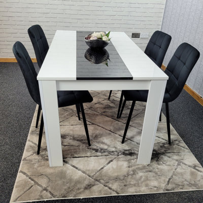 Dining Table Wooden White And Black Table Tufted Velvet Grey Or Black Chairs Set