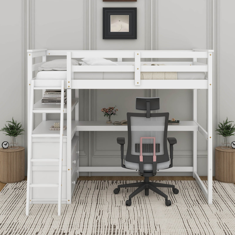 Lit mezzanine simple avec bureau et tablettes, Blanc