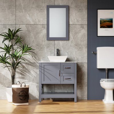 30" Bathroom Sink Vanity With Oil Proof Marble Pattern Top - Scratch, Drop & Crack , Easy Clean Gray Mirror And Faucet Proof, Stain-,