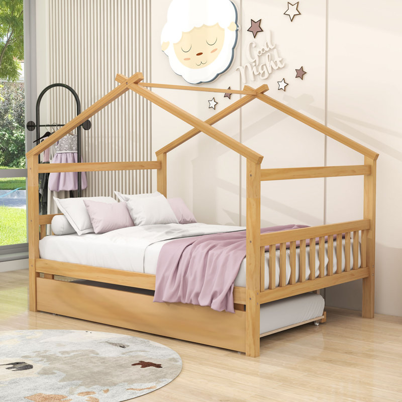 Wooden House-Shaped Bed With Sky Roof And Twin Pull-Out Trundle, Natural, Full