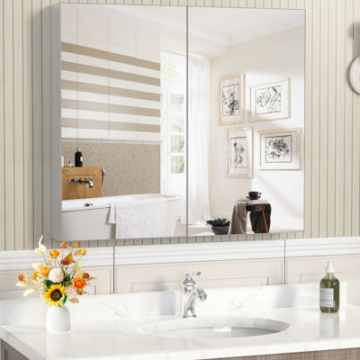 Pharmacie 32 po x 28 po argentée, fixation murale, tablettes multiples, compartiments de rangement, fabrication en alliage d'aluminium avec miroir de salle de bain rouille, preuve réglable, idéale pour