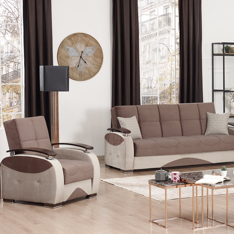Fauteuil convertible en tissu avec rangement Newsom, Microfibre / microsuède brun / beige
