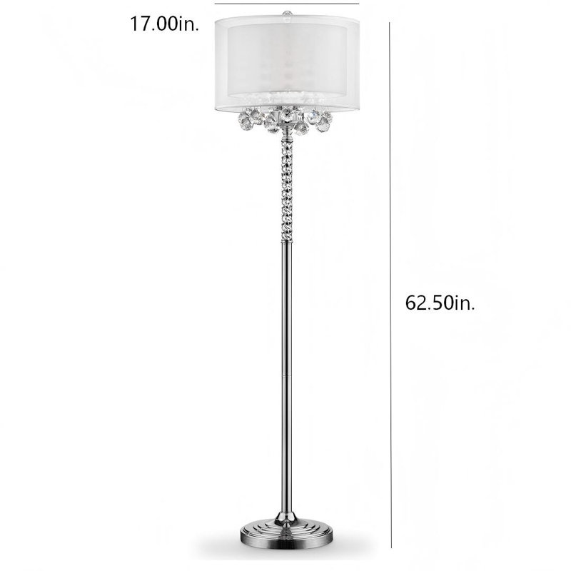Lampe sur pied de 62,5 po de hauteur «Moiselle», argent avec accents de cristal, abat-jour argenté