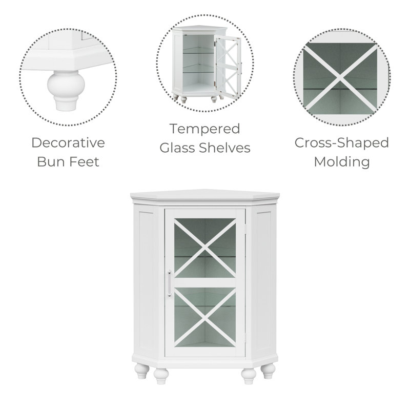 Prader Freestanding Corner Floor Storage Accent Cabinet with Tempered Glass Door & Adjustable Glass Shelves