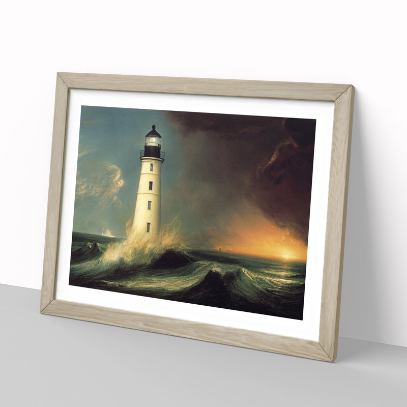 Dashing Lighthouse Seascape - Framed Print, 34cm H x 46cm W x 2cm D, Oak