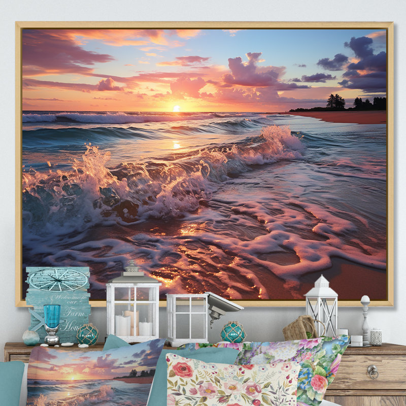 «Beachside Sunset Horizon 5 - Rose», art mural, H 12 po x l 20 po x P 1 po, Cadre flottant brun