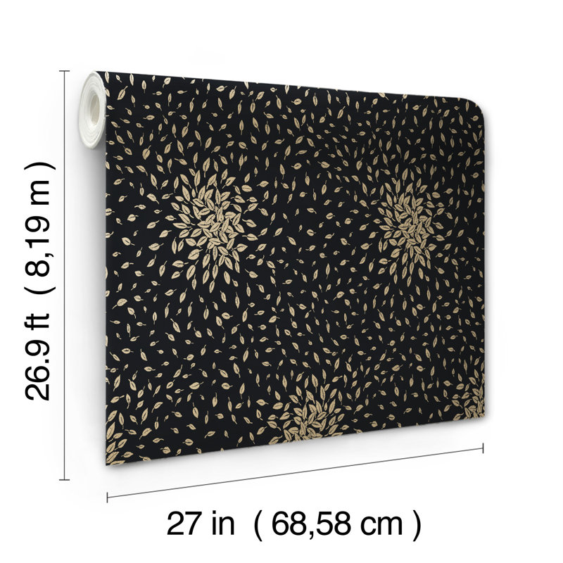 Petite Leaves Floral Metallic Wallpaper Roll, Black/Gold