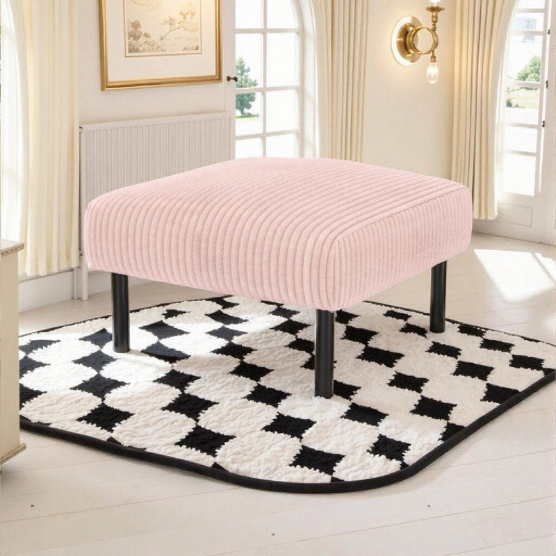 Corduroy Ottoman Footstool with Wooden Legs, Soft Padded Seat Footrest for Living Room Bedroom, Pink