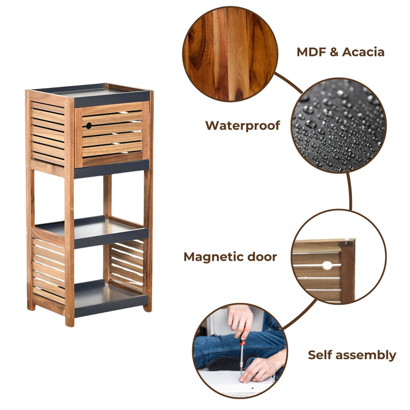 Compact Bathroom Storage Cabinet with Open Shelves and Vented Door, Brown and Grey - Elements Collection