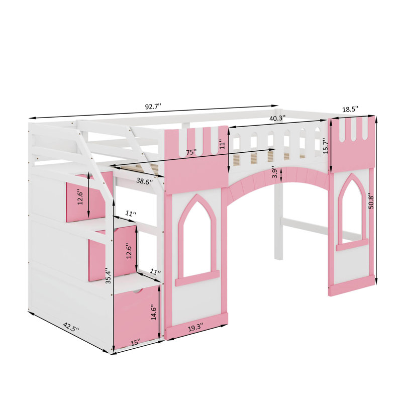 Twin Size Loft Bed With Window, Pink