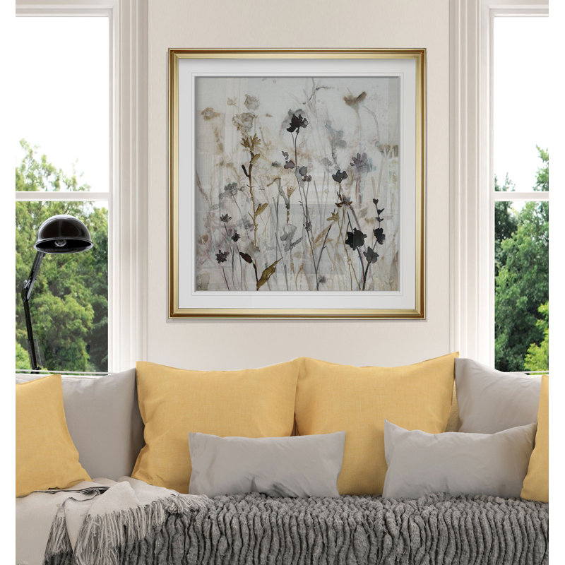 « Wildflower Mist I » - peinture, H 23 po x l 23 po, Impression encadrée, Doré