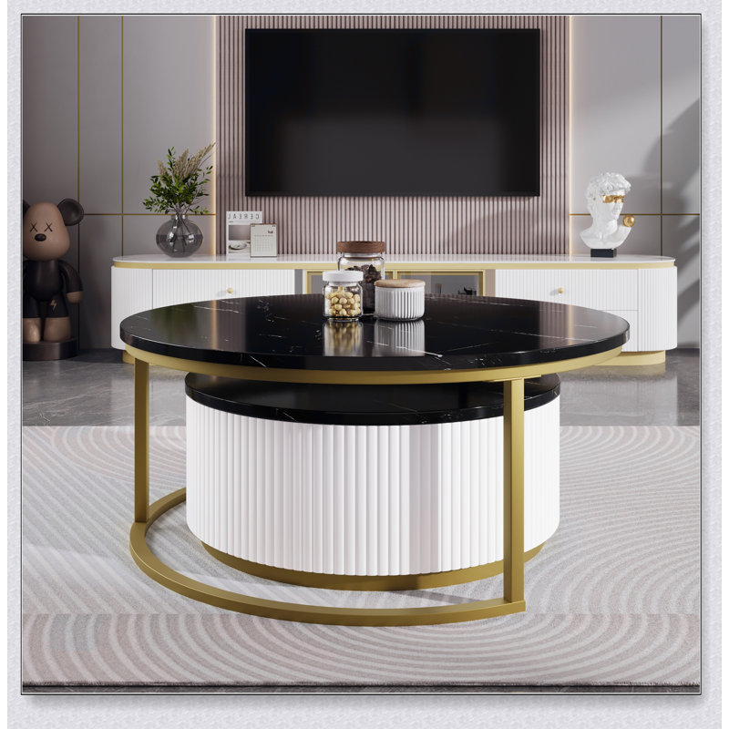Table basse gigogne ronde moderne avec motif cannelé et tiroir noir et or, parfaite pour un rangement élégant