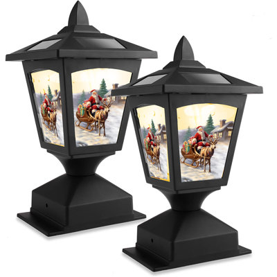 Lampadaires solaires d'extérieur, paquet de 2, poteaux de clôture en bois, sentier, terrasse, décoration d'Halloween / action de grâce / Noël (père Noël élan)
