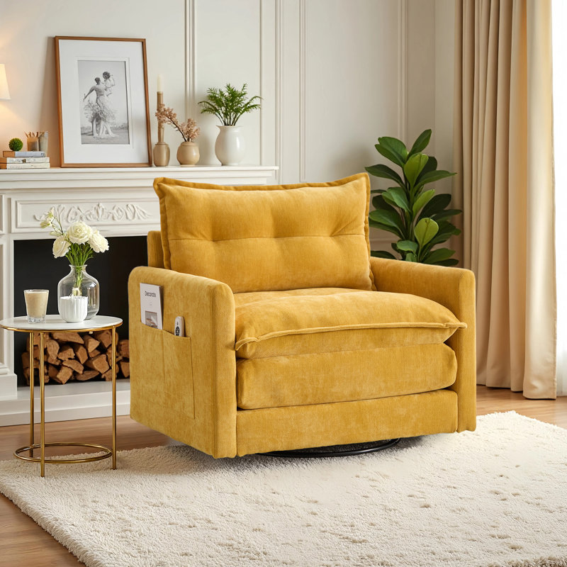 36" Chenille Upholstered Single Swivel Chair，Arm Chair, Mustard Yellow