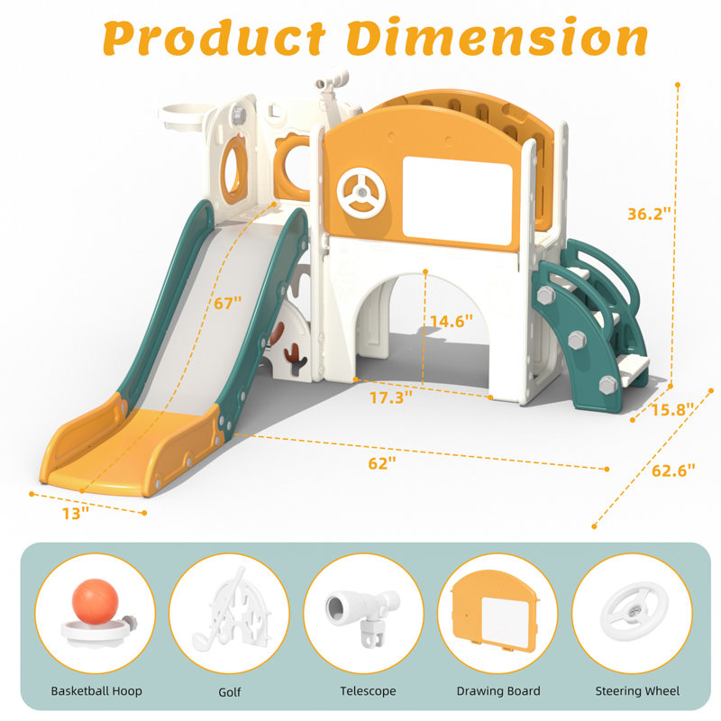 8-In-1 Toddler Slide With Climber Toy Golf Drawing Board For Baby Age 1-3 Indoor Outdoor Playset, Yellow & Green